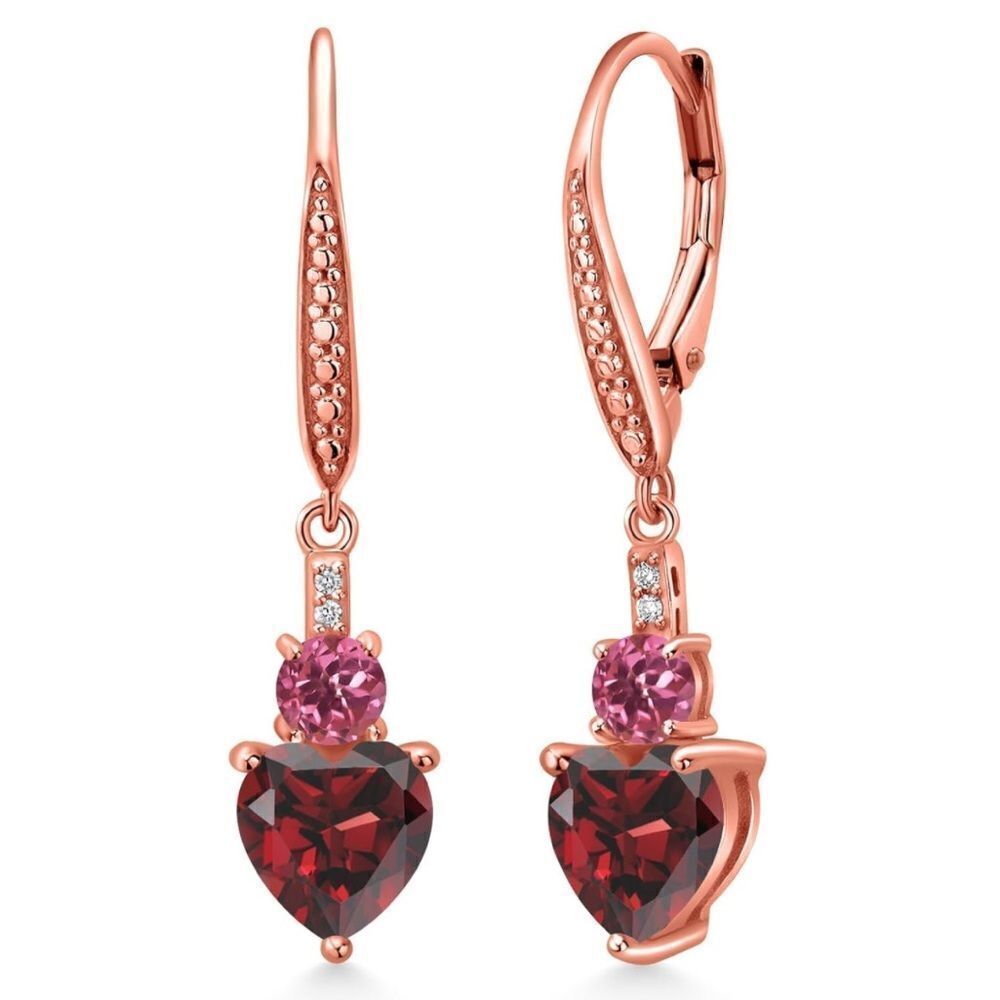 18K Rose Gold with 3.13 Cttw Red Garnet and Pink Tourmaline Heart Drop Earrings